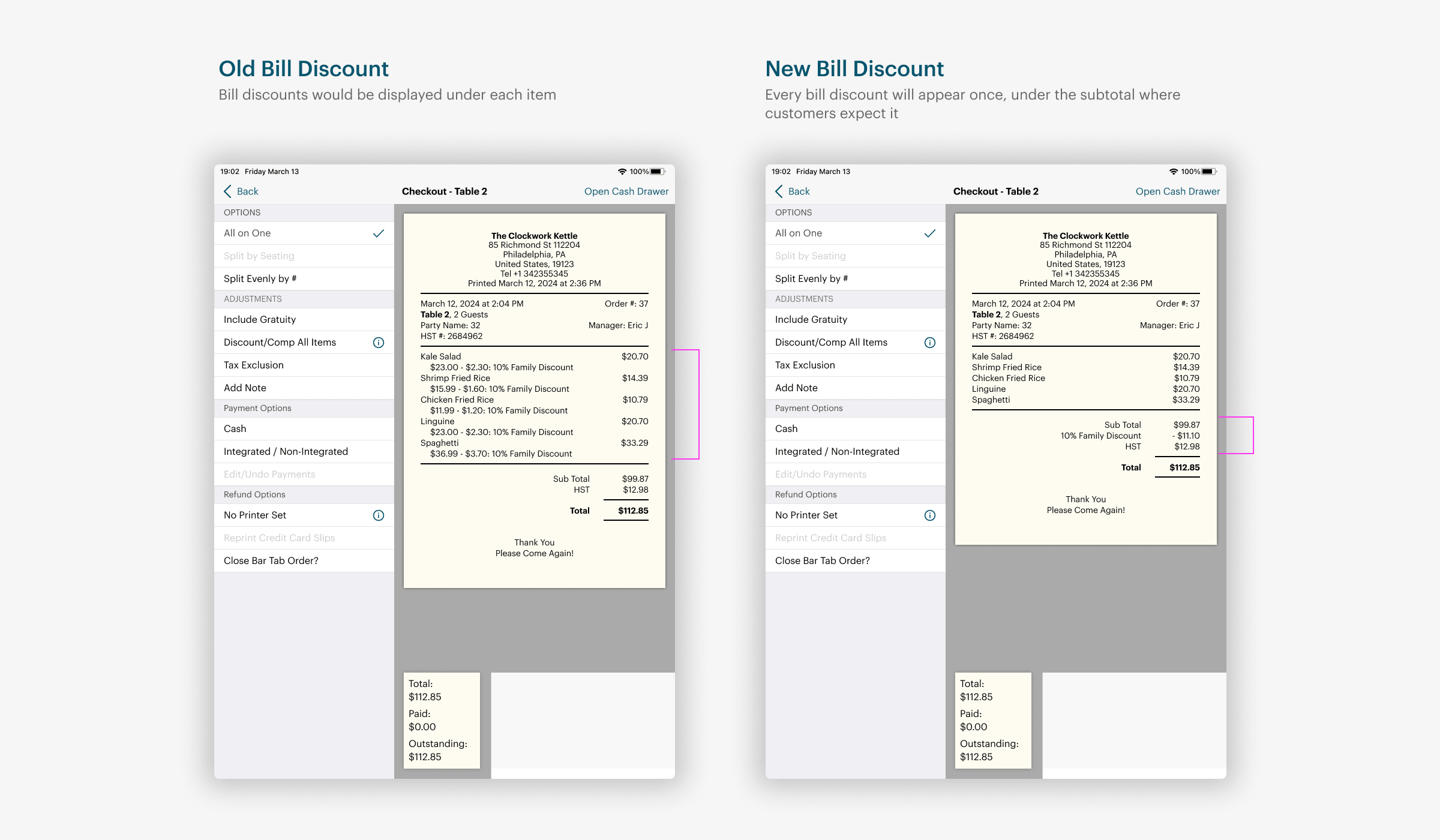 Improved bill discount display on receipt